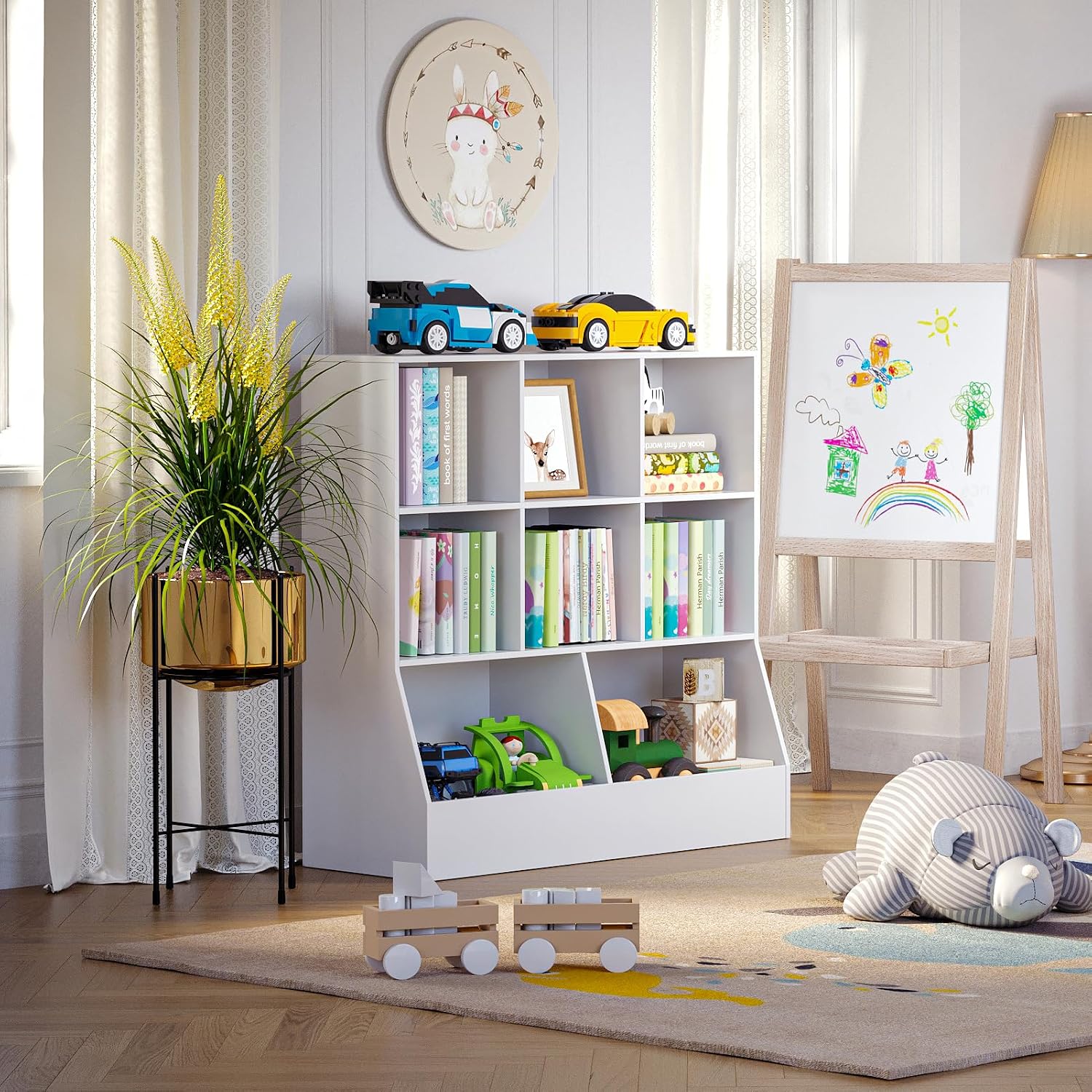 DINZI LVJ Toy Storage Organizer, Kids Bookshelf, Wood Toy Storage Cabinet, 3-Tier 8 Cubby Children Bookcase, 39.4' L Toddler Book Shelf for Playroom, Living Room, Nursery, Hallway, Classroom, White