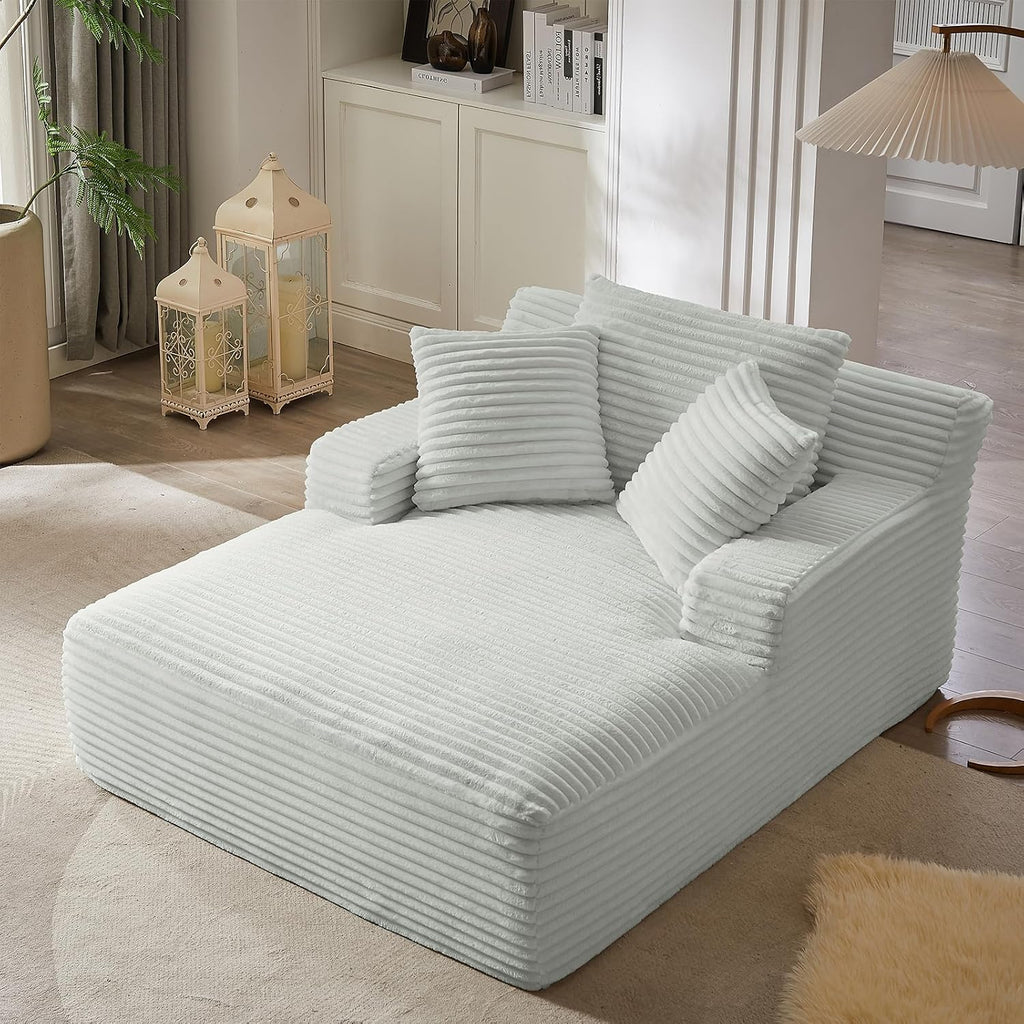 Oversized Chaise Lounge Chair Indoor, 66' Cloud Boneless Sleeper Couch Corduroy Upholstered Sofa Bed Deep Seat Comfy Reading Chair with 3 Pillows for Living Room Bedroom, Light Grey