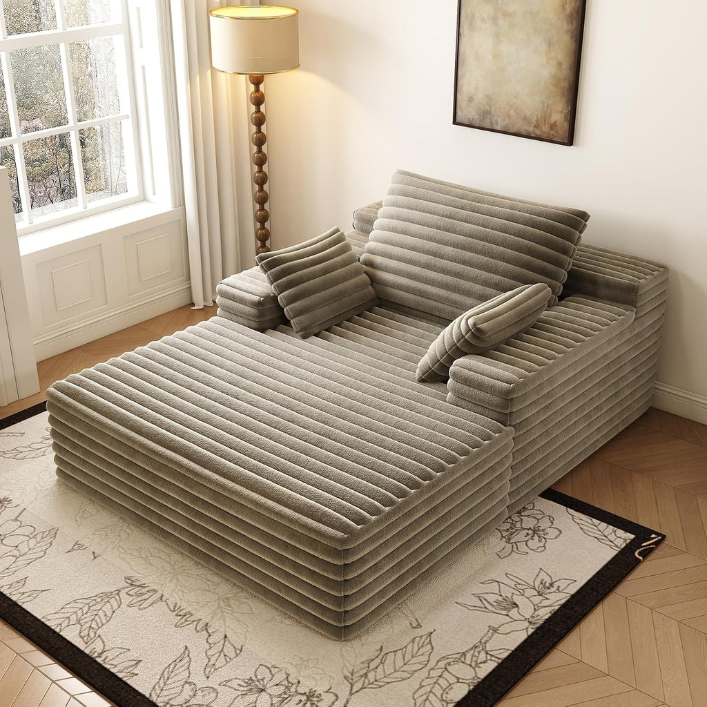 Oversized Chaise Lounge Chair Indoor, 62.6' Cloud Boneless Sleeper Couch Corduroy Upholstered Sofa Bed Deep Seat Comfy Reading Chair with 3 Pillows for Living Room Bedroom, Camel