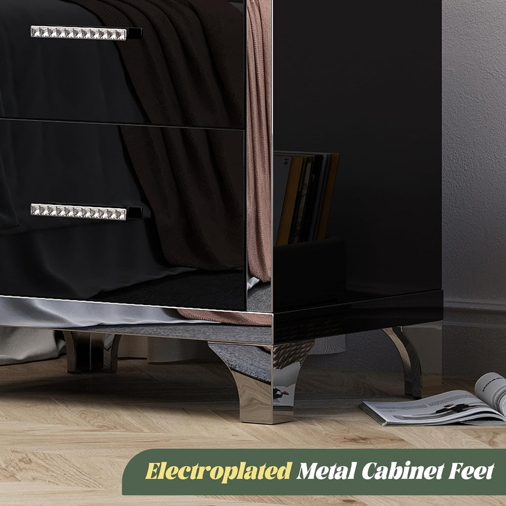 Henf Modern Black Nightstand Set of 2 for Bedroom, Elegant High Gloss 2 Drawer Night Stand with Silver Mirrored Legs, Small Wood End Table Sofa Side Table for Living Room Bedroom Apartment (Black)