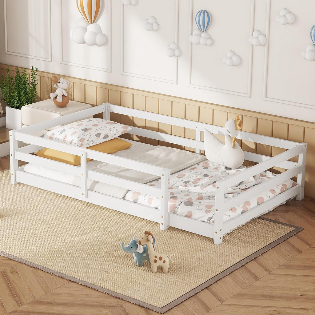 Modern Classic Full Size Bed Frame with Fence, Sturdy Wood Montessori Floor Bed for s, Boys, Girls, Dorm, Bedroom, House, Easy to Assemble, Noise-Free Design, No Box Spring Needed,White-Tw