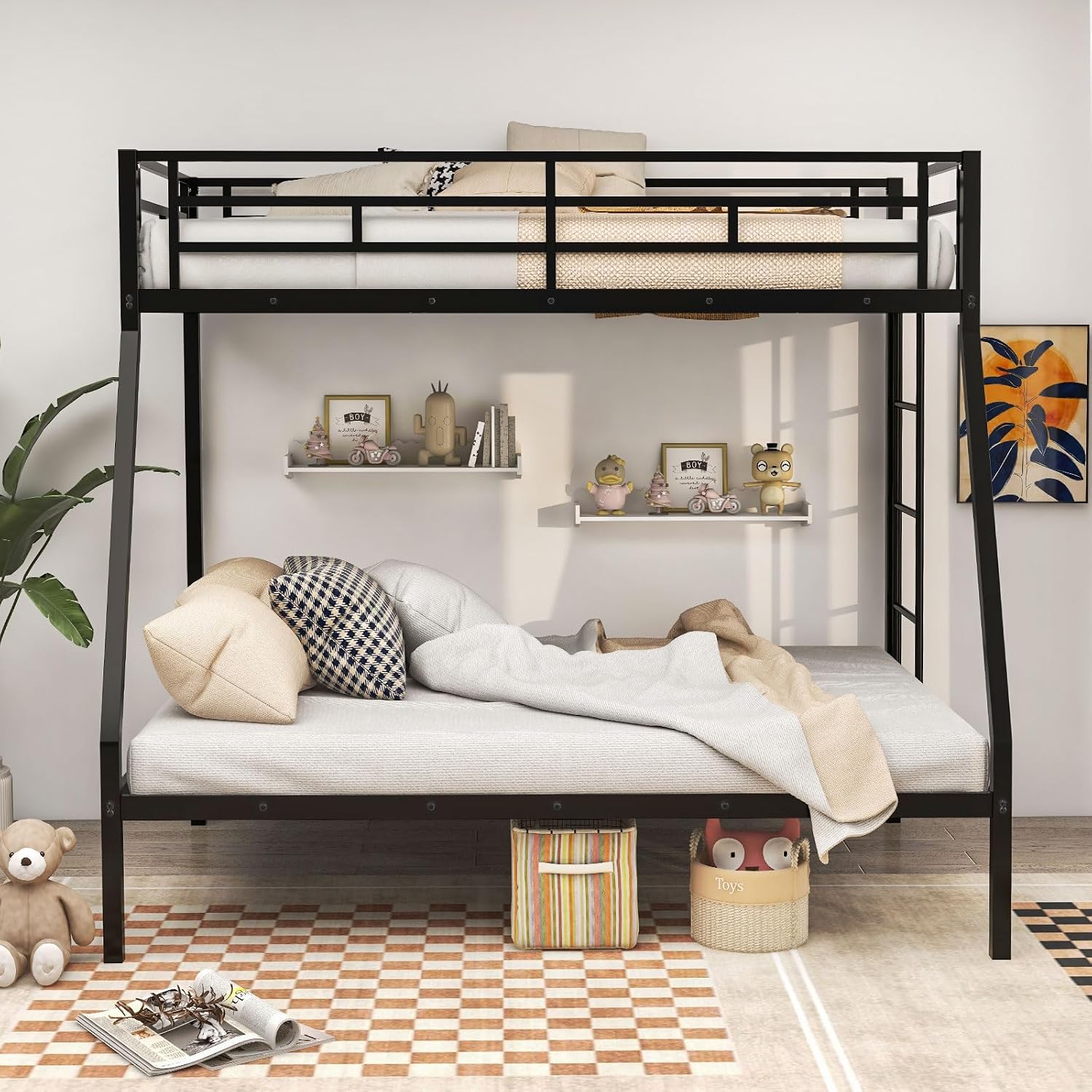 DORTALA Twin Over Full Bunk Bed, Metal Bunk Bed Frame w/Ladder, Safety Rail & Steel Slats, Space-Saving Bunk Beds for Kids Teens Adults, Noise Free for Dorm Bedroom, No Box Spring Needed, Black