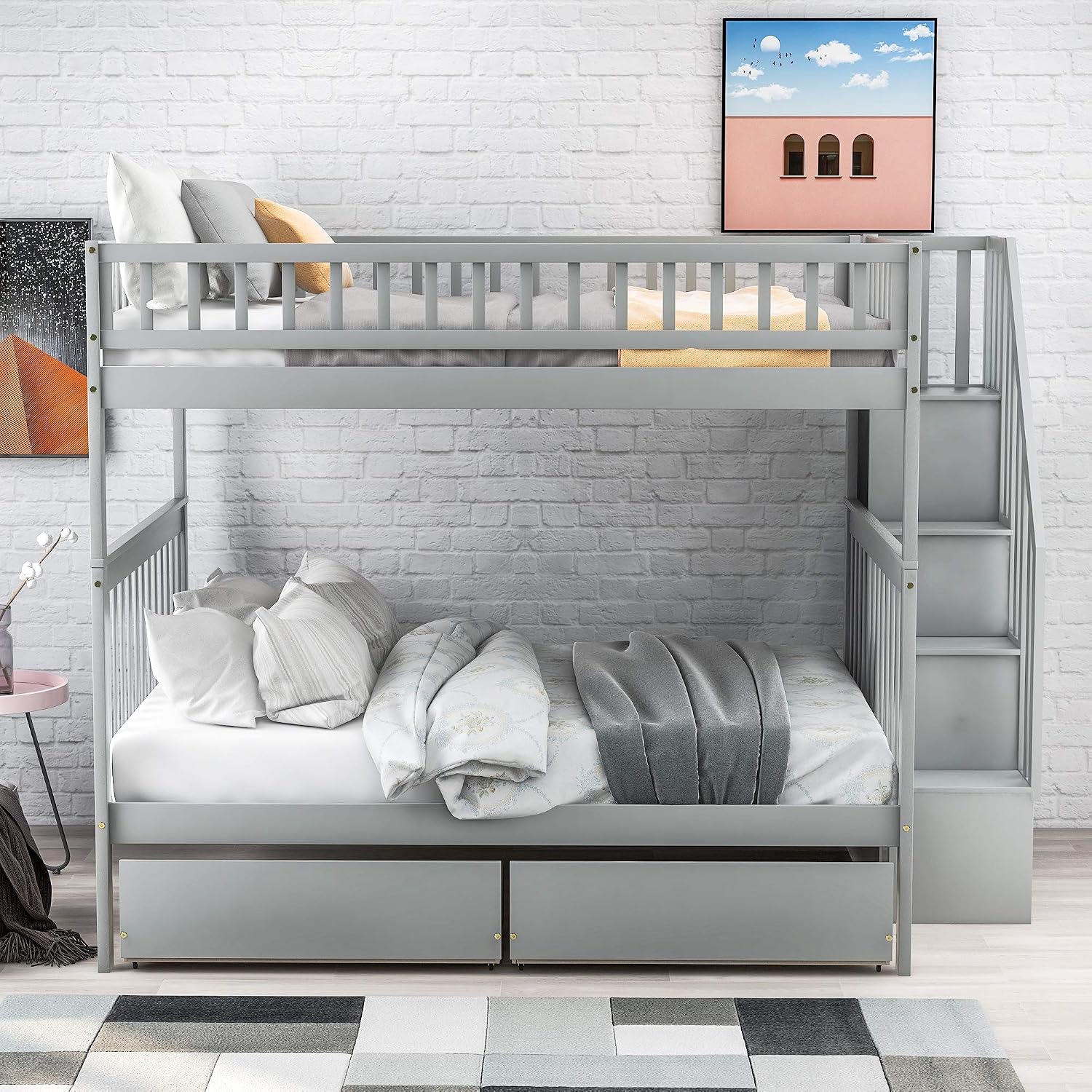Harper & Bright Designs Full Over Full Stairway Bunk Bed with Two Drawers and Storage, Solid Wood Full Bunk Bed, No Box Spring Required（Grey）