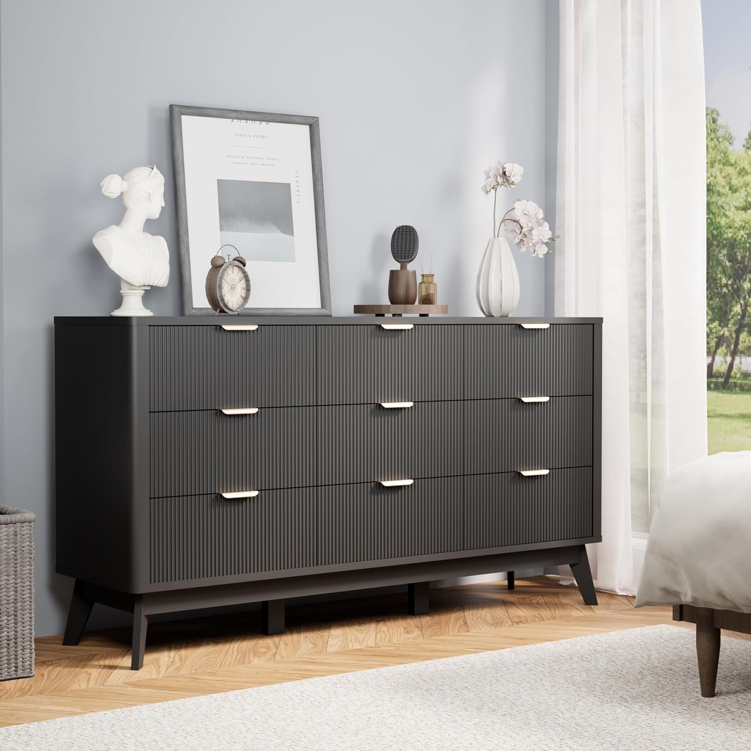 Royal Windsor Fluted 9 Drawers Dresser for Bedroom,59' Wide Wooden Dresser Chest of Drawers,Curved Profile Design,Storage Organizer for Living Room,Hallway,Black