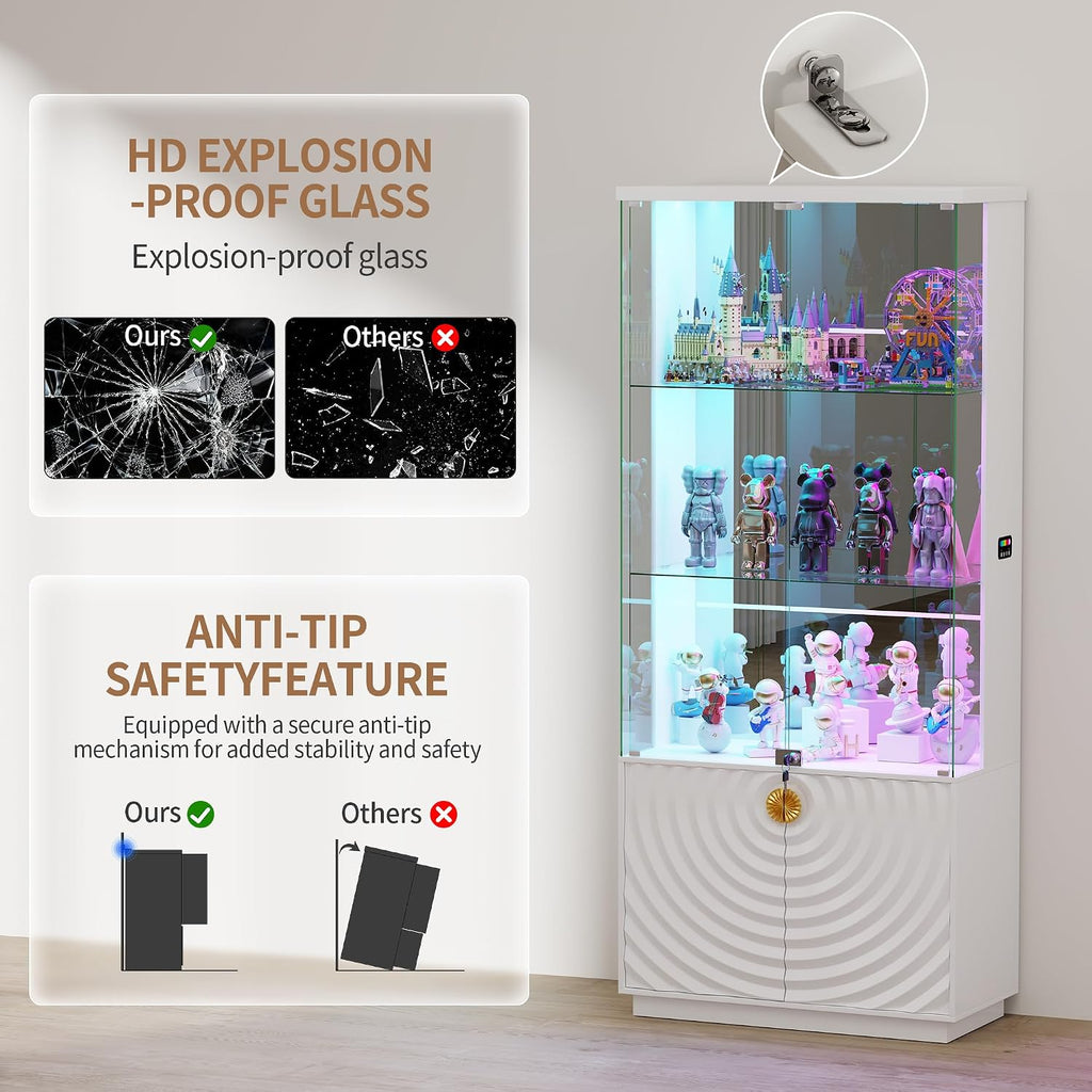 71'' Display Cabinet with Glass Doors,4-Tier Curio Cabinet with 3-Color Lights for Collectibles,Lockable Glass Display Case Human Body Sensor,Tall Bookcase w/Shelves&Door Panel,White