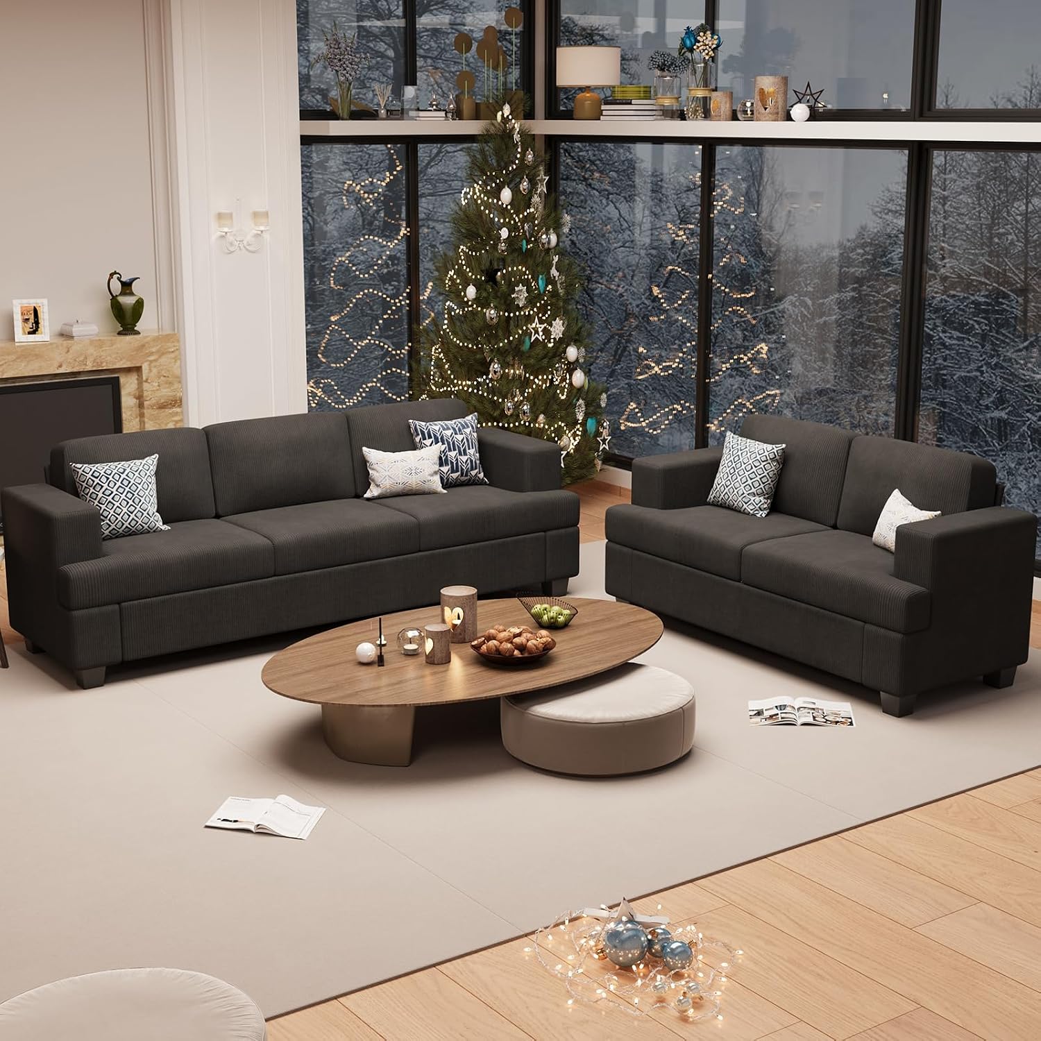 Fiona's magic 2 Pieces Corduroy Sofa Set for Living Room, Black Cloud Couch, Deep Seat Floor Couch for Bedroom, Futon Modern Sofa Sectional Bed, Black Corduroy