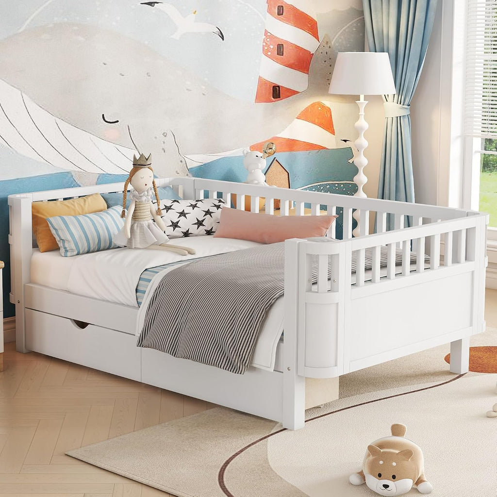 Harper & Bright Designs Twin Size Low Platform Bed Frame, Daybed with Fence and Drawers, Low Profile Bed for Bed Room, White