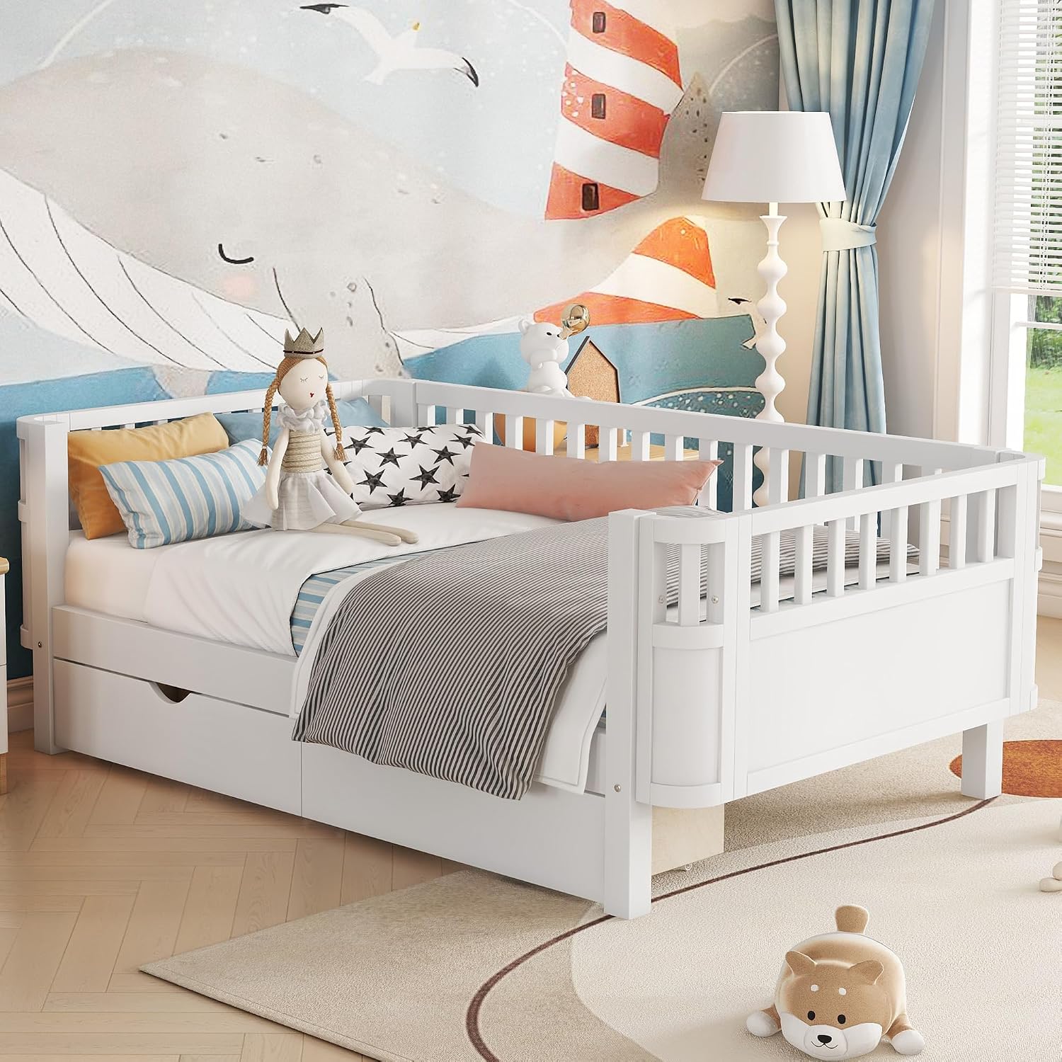 Harper & Bright Designs Twin Size Low Platform Bed Frame, Daybed with Fence and Drawers, Low Profile Bed for Bed Room, White
