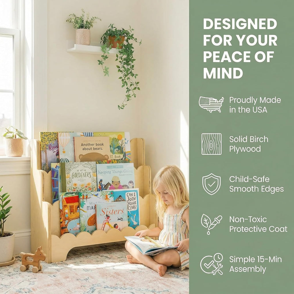 Wooden Kids Bookshelf w/Scalloped Edges- Made in USA- Perfect Height 3-Tier Montessori Shelf- Durable Childrens Bookcase for Kids Room or Playroom- Baby Book Shelf Nursery