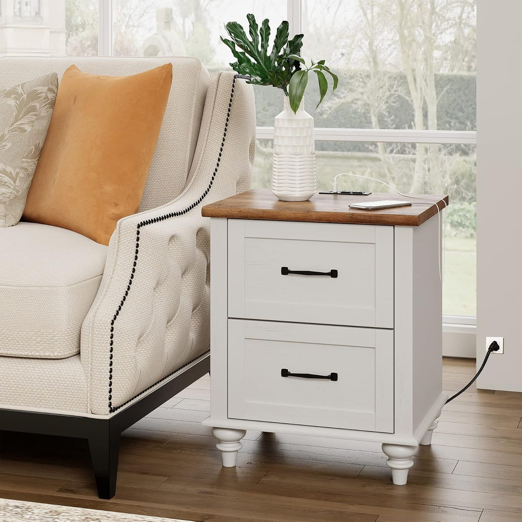 WAMPAT Off White Nightstand with Charging Station, 20 Inch Night Stand with 2 Drawers, Wooden Rustic Bedside Table End Tables with Solid Wood Legs for Bedroom