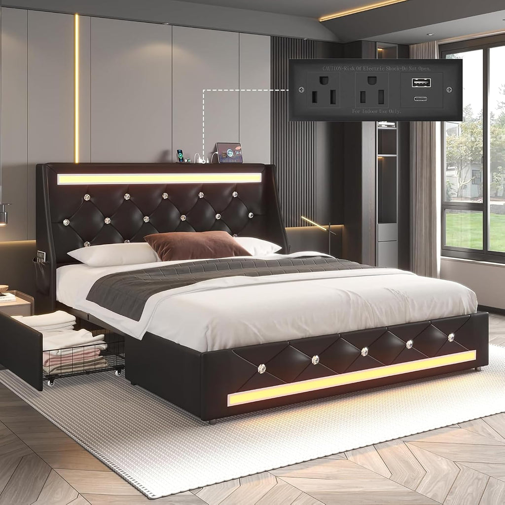 Queen Bed Frame with Storage Drawers and LED Lights/Charging Station, Modern Diamond Upholstered Platform Bed with Wingback Headboard, Wooden Slats Support, No Box Spring Needed (Black, Queen)
