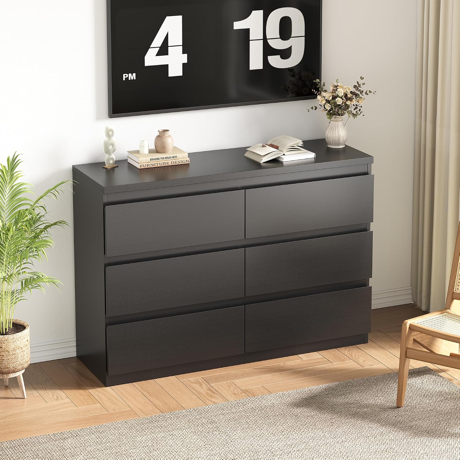 Jocoevol Modern 6 Drawer Dresser Black Dresser for Bedroom, Simply Chest of Drawers, Wood Storage Dresser with Deep Drawers for Living Room Hallway Entryway, Black