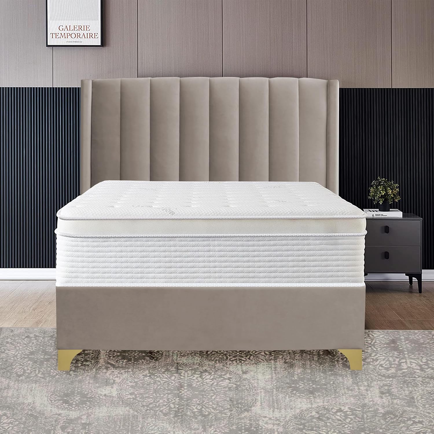 Greaton, Suede Upholstered Bed Frame, Decorative Attractive Headboard, Long Lasting Durable, Includes 3 Color Legs to Choose Gold, Silver and Black, 48-Inch, Taupe