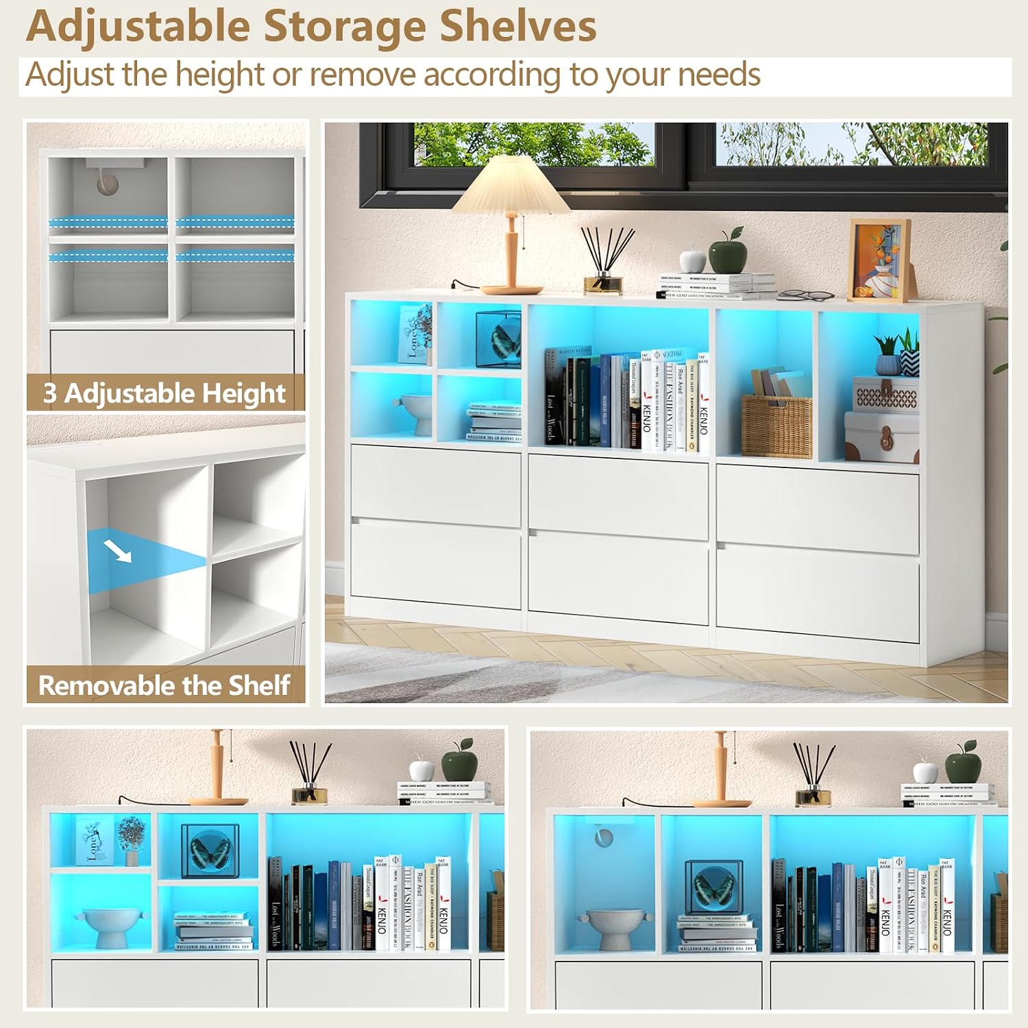 6 Drawers Dresser with 7 Storage Cubbies, LED Chest of Drawers with Power Outlet, 63' Triple Wide Long Dresser Organizer for Bedroom, Modern TV Stand with Open Shelf for Living Room, Entryway (White)