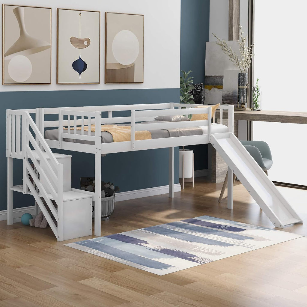 Twin Low Loft Bed with Adjustable Slide/Staircase/Storage Shelves for Kid/Boy/Girl/Teens, Full-Length Guardrails, Solid Wood, Space-Saving (White+Low Loft Bed)