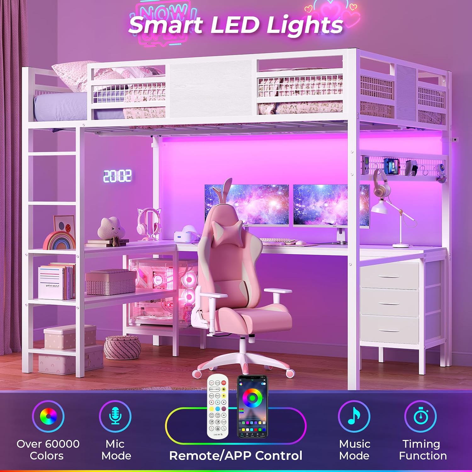 ADORNEVE Loft Bed Full Size with L-Shaped Desk, 3 Storage Drawers, Power Outlet, 3 Storage Shelves, Metal Loft Bed Frame with RGB Lights, Bed with Safety Guardrail & Ladders,Space-Saving, White
