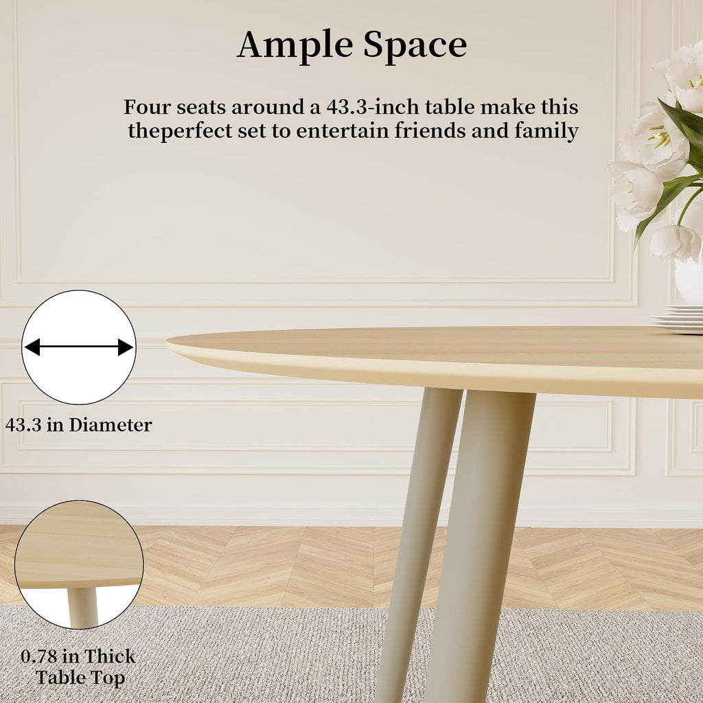 HIPIHOM 43.3 Inch Round Dining Table Set for 4, Modern Small Kitchen Coffee Set for Dining Room Kitchen Apartment (Cream Table + 4 Brown Chairs)
