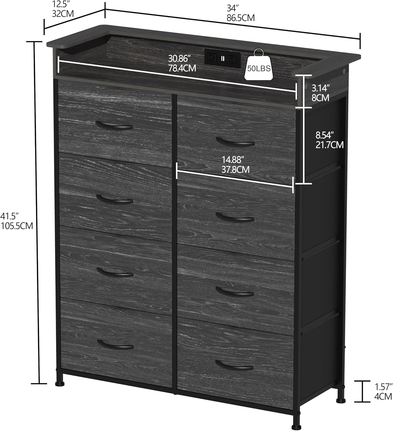 Fabric Dresser for Bedroom with LED Light and Charing Station Tall Dressers with 8 Drawers Black Dresser & Chest of Drawer for Closet Living Room Hallway Sturdy Steel Frame Wood Top