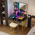 Glass Top Makeup Vanity Desk with LED Mirror & RGB Lights, Modern Vanity Table with 3 Drawers, Charging Station, Hair Dryer Holder, Dimmable Colorful Light Vanity Set for Bedroom,Black