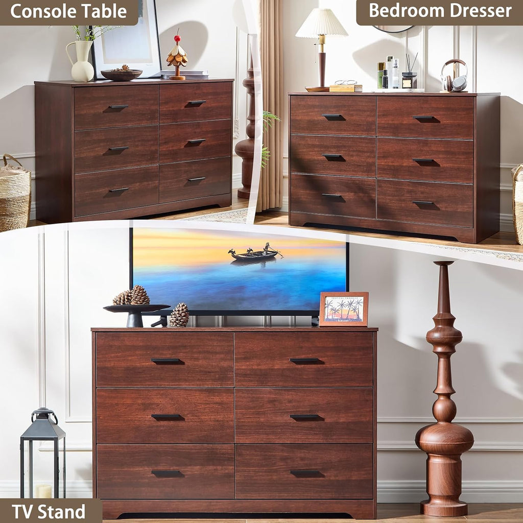LIDYUK Dark Cherry Dresser for Bedroom, 6 Drawer Dressers & Chests of Drawers, Modern Wood Dresser, 48 Inches Wide Chest of Drawers for Bedroom, Hallway, Living Room