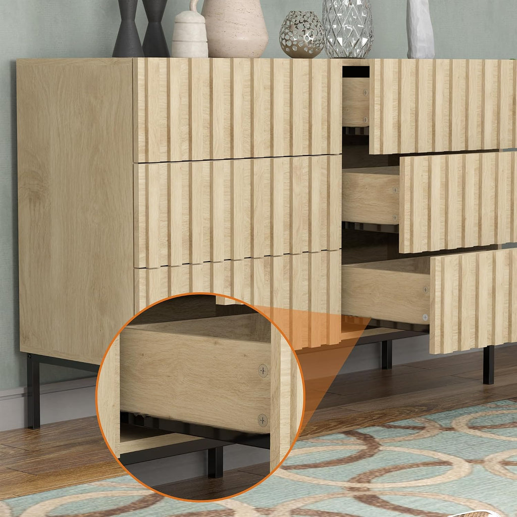 UEV Fluted Dresser for Bedroom with 6 Drawer, 47' Double Chest of Drawers with Metal Stand, Mid-Century Accent TV Stand, Wooden Closet Storage Organizer for Living Room, Hallway (Ivory White)