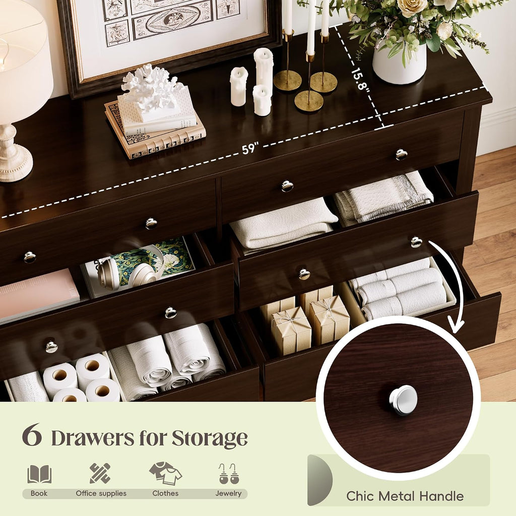JUMMICO Dresser for Bedroom, 6 Wood Dresser Drawers, Wide Chest of Drawers, Storage Tower Unit, Modern Design for Bedroom, Living Room, Hallway, Entryway (Dark Brown)