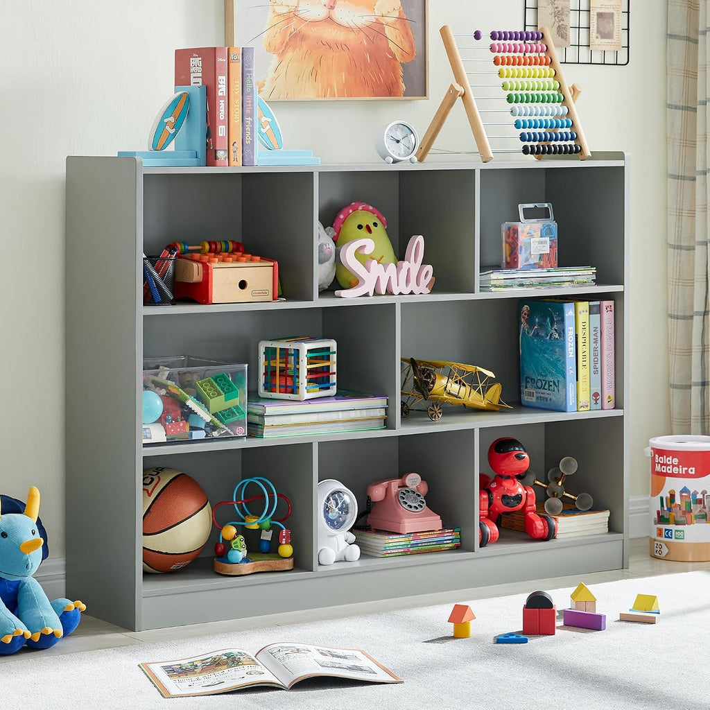 3-Tier Bookshelf, 8-Section Wooden Bookcase, Storage Organizer with Anti-Tilt Device, Modern Storage Display Cabinet for Living Room, Classroom, Kid's Room (Grey)