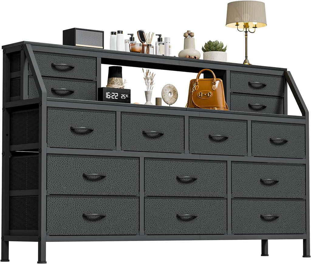 Dresser for Bedroom, 55' TV Stand with 14 Drawers, Long Dresser & Chests of Drawers with Shelves & Sturdy Metal Frame & Wood Top (Black)
