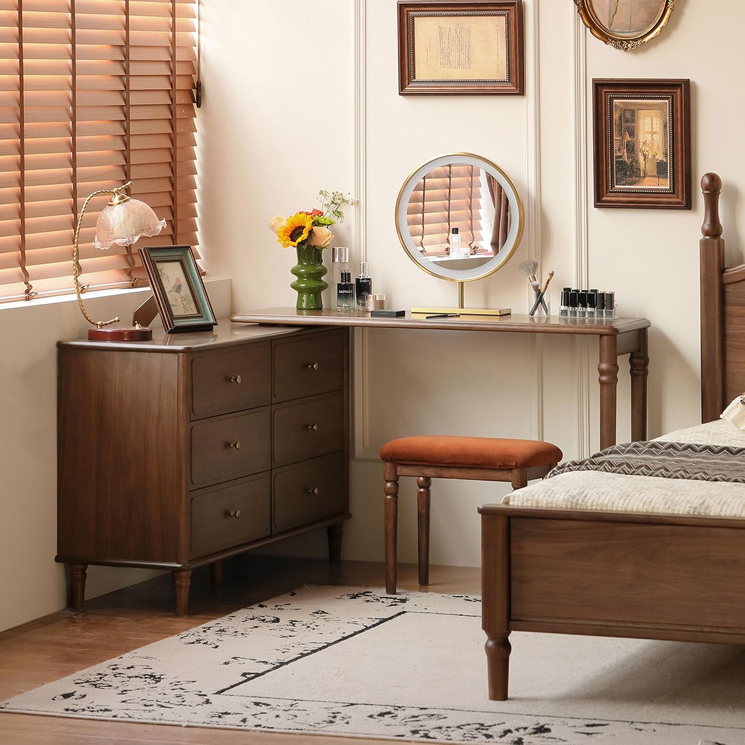 YESWOOD Large Vanity Desk with 6 Storage Dresser, North America Black Walnut Wood Adjustale Makeup Table for Girls, Vanity Set for Bedroom, Bathroom, 97' D x 16' W x 31' H（no Chair no Mirror）