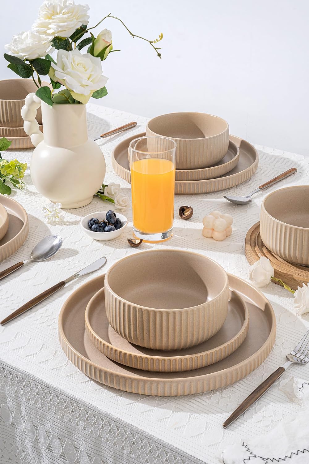 FOBENTA Handcrafted Dish Set for 8,24 Piece Rustic Brown Ceramic Plates and Bowls Set – Vintage-Inspired Dinnerware Sets for Hosting & Everyday Warmth