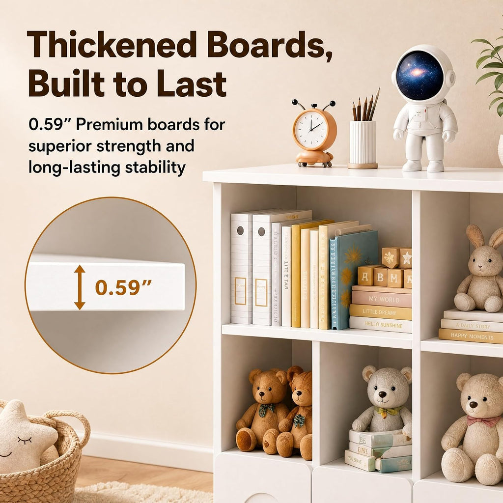 knoworld Kids Bookshelf with Toy Storage, Hidden Bookshelf Organizer with 3 Hidden Roller Drawer and 5 Open Cubbies for Kid Room,Living Room,White