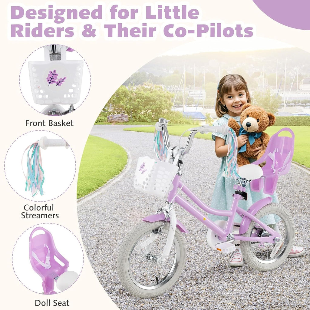 HONEY JOY Kids Bike, 12 14 16 18 Inch Girls Bike w/Training Wheels, Doll Seat, Streamers, Handbrake & Coaster Brake, Fully Enclosed Chain, Princess Style Children Bicycle, Gift for Girls 3-8