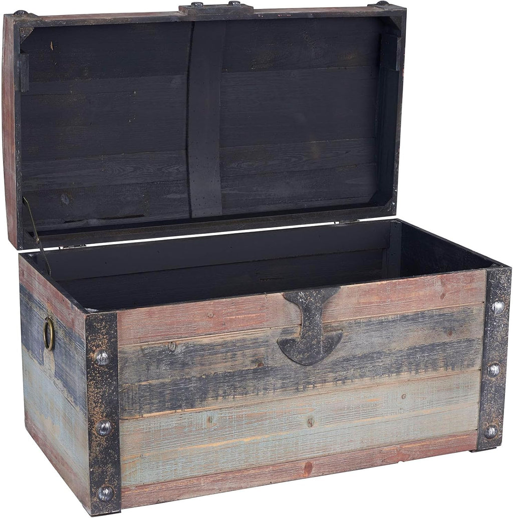 Household Essentials Small Wooden Storage Trunk, Weathered Wood with Paint Finish, Hinged Lid with Metal Accents