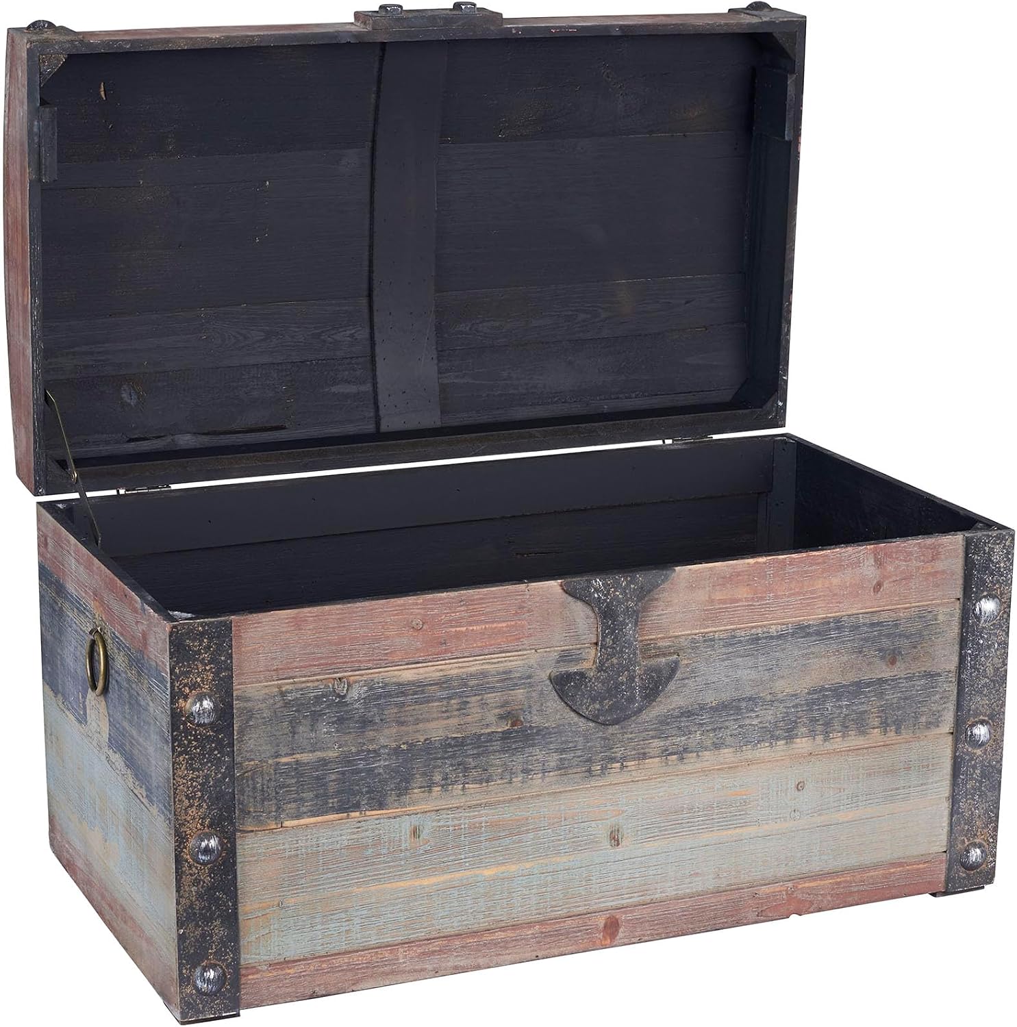 Household Essentials Small Wooden Storage Trunk, Weathered Wood with Paint Finish, Hinged Lid with Metal Accents