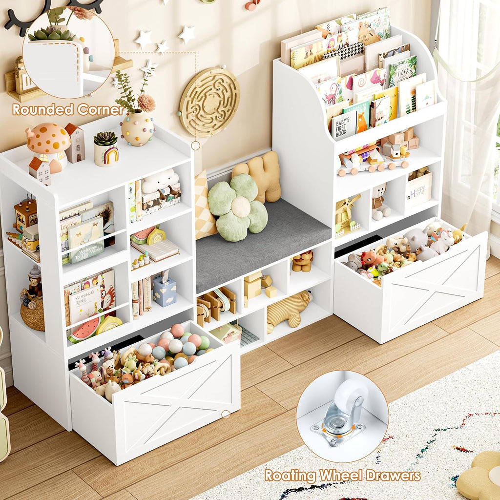 FINETONES 75' W Kids Bookshelf with Reading Nook, Large Toy Storage Toy Organizer with Seat Cushion and 2 Movable Drawers, Kids Reading Nook Kid Bench for Playroom Living Room, White
