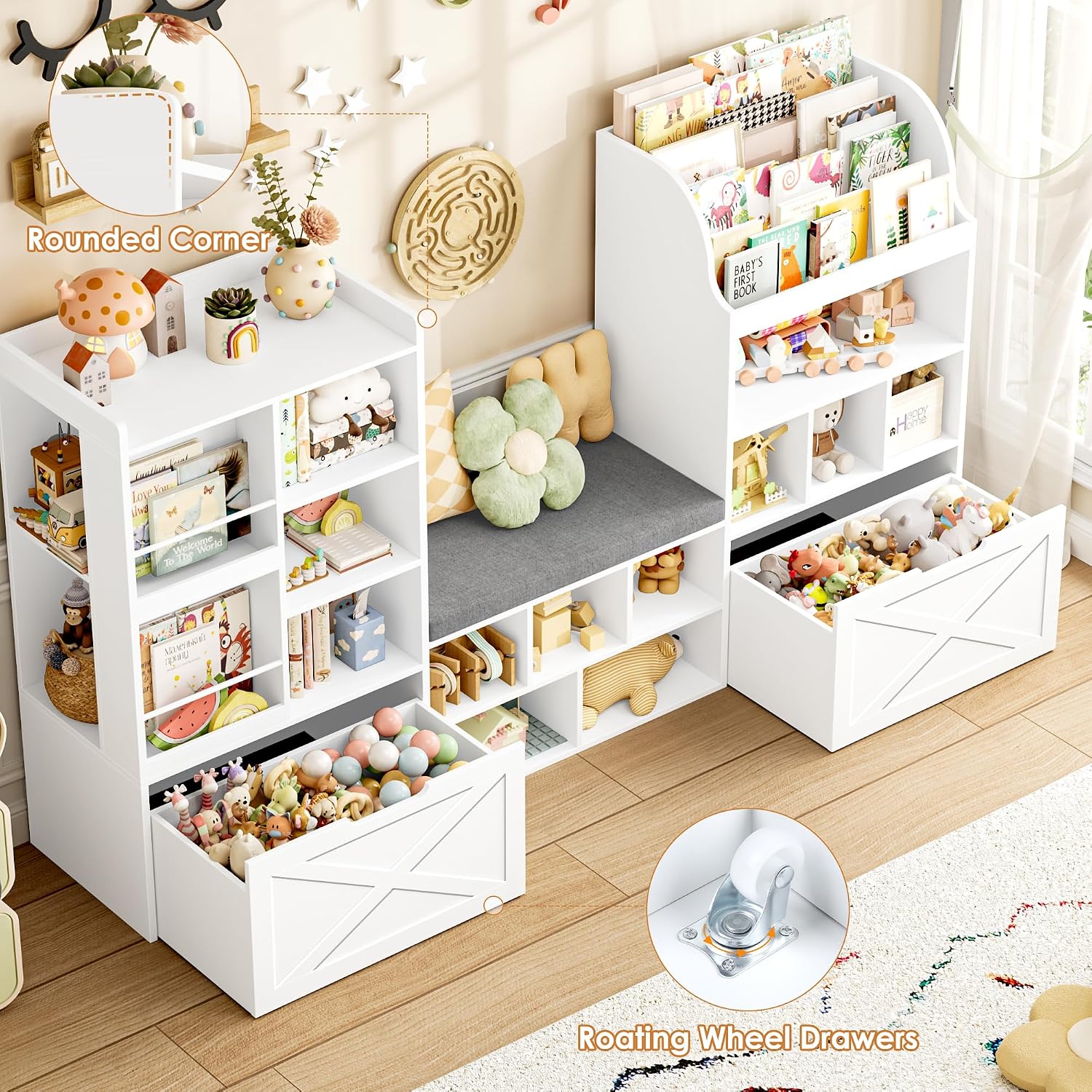 FINETONES 75' W Kids Bookshelf with Reading Nook, Large Toy Storage Toy Organizer with Seat Cushion and 2 Movable Drawers, Kids Reading Nook Kid Bench for Playroom Living Room, White