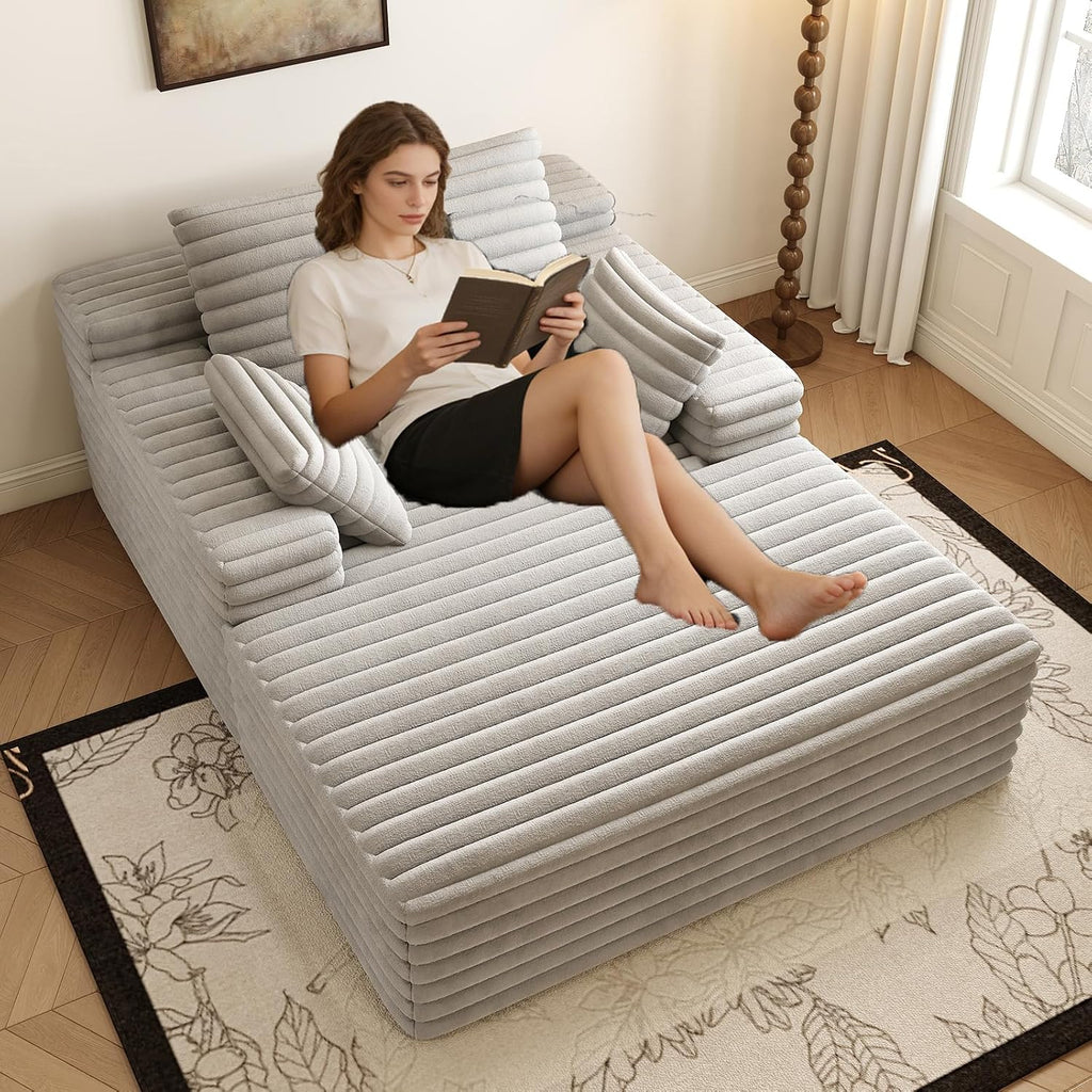Oversized Chaise Lounge Chair Indoor, 62.6' Cloud Boneless Sleeper Couch Corduroy Upholstered Sofa Bed Deep Seat Comfy Reading Chair with 3 Pillows for Living Room Bedroom, Grey