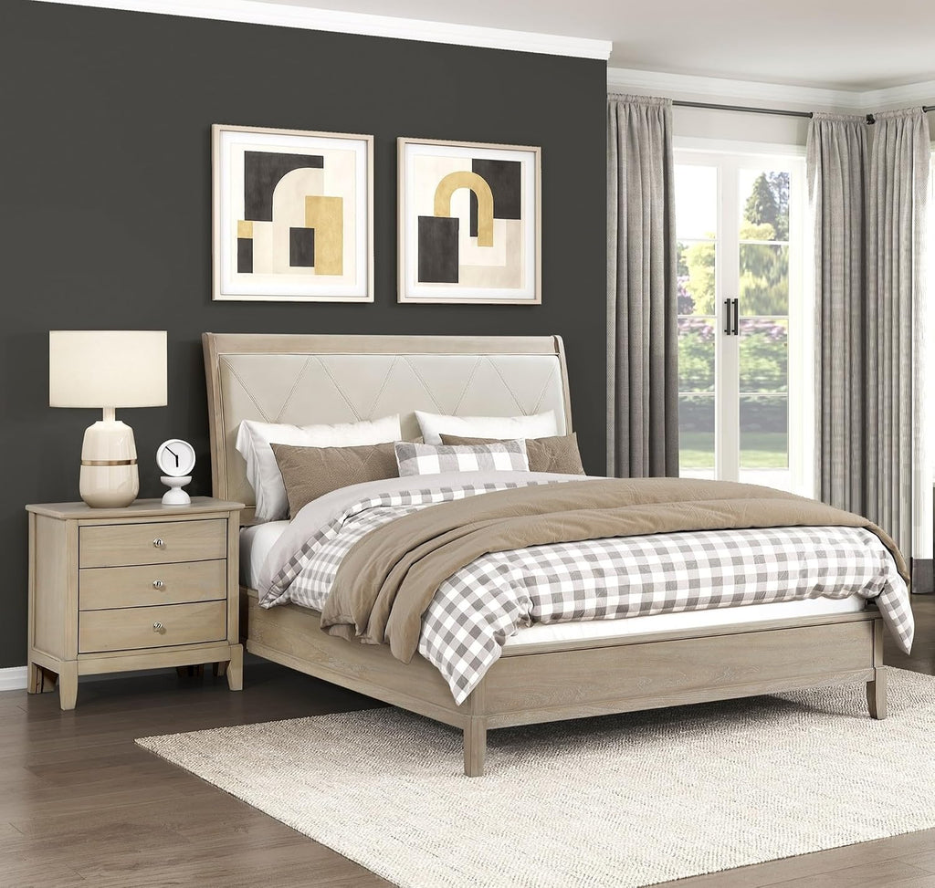 3 Pieces Bedroom Furniture Set Full Size Bed and Nightstands Tufted Headboard Beige Finish Durable