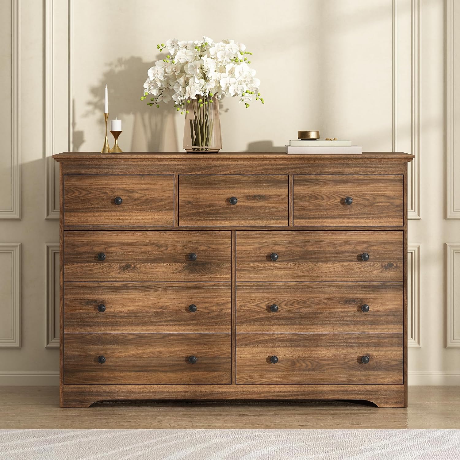 Dresser for Bedroom, 9 Drawer Dresser with Large Drawers, 55 Inch Wide Wood Chest for Living Room, Hallway, Walnut