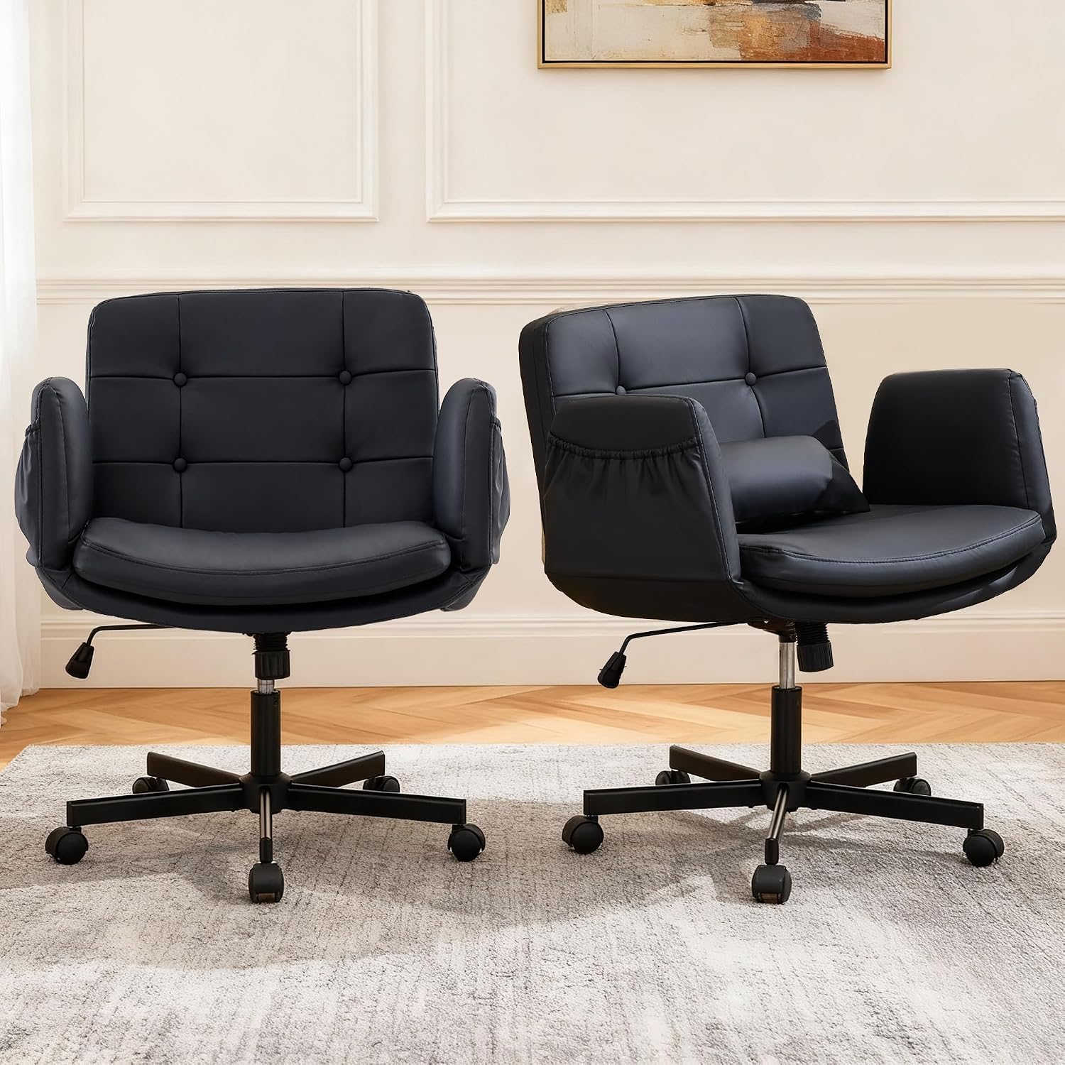 Criss Cross Chair with Wheels & Outward-Folding Armrests, Cross Legged Office Chair with Storage Pockets, Comfortable Adjustable Swivel Vanity Chair for Home, Living Room, Bedroom (Black,Set of 2)