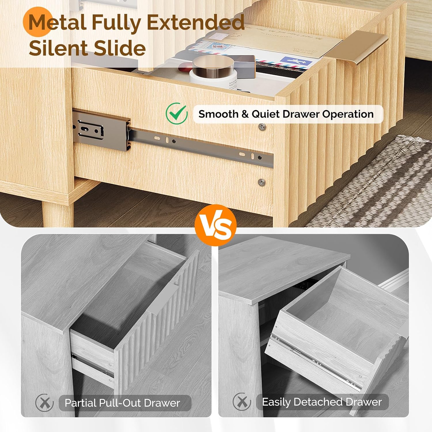 VINGLI Fluted Nightstands Set of 2 with Charging Station, Wood Nightstand 2 Drawer, Mid Century Modern Nightstands for Bedroom, Fluted Bed Side Table, Oak Night Stands Set 2