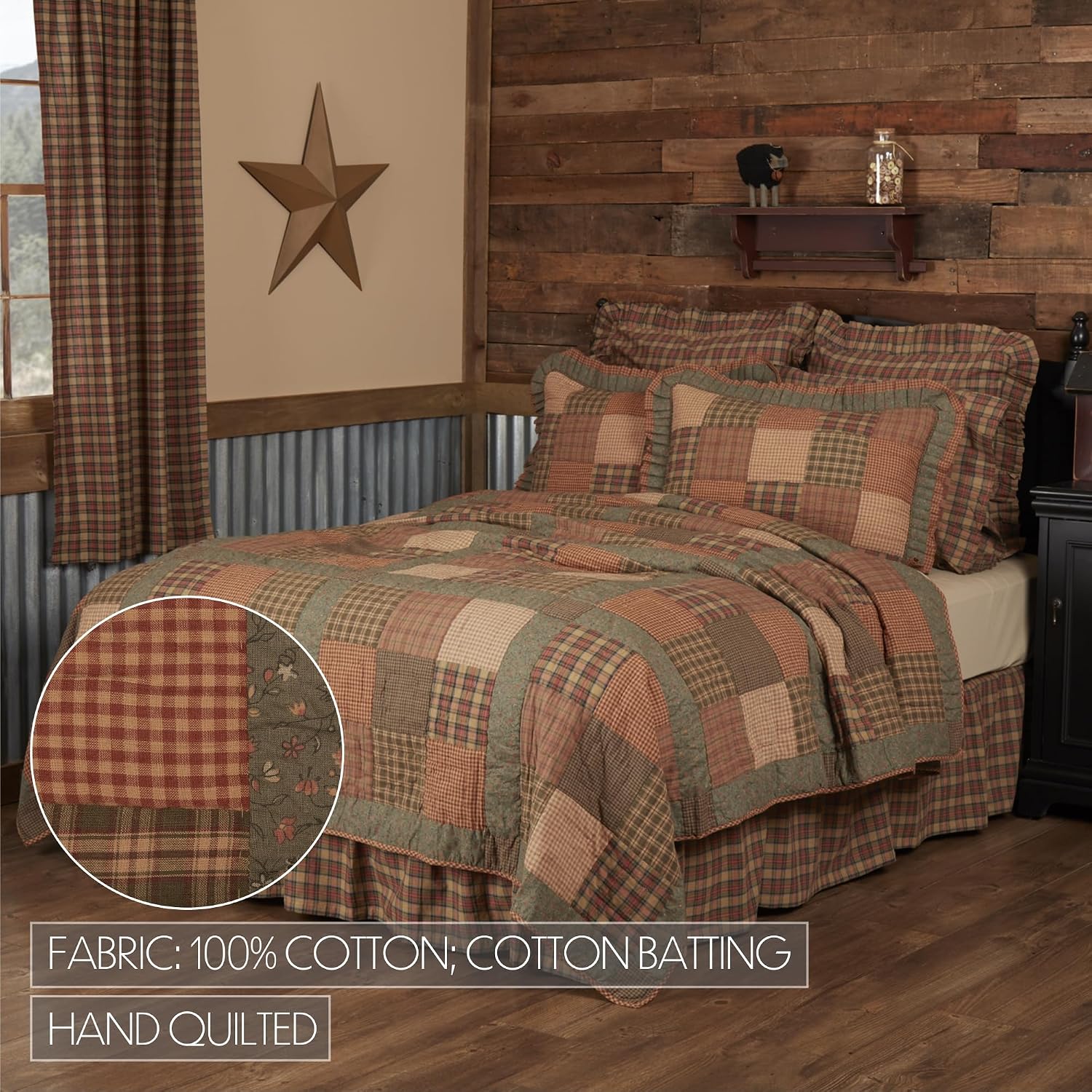VHC Brands Crosswoods Patchwork Cotton Primitive Bedding Pre-Washed California King Quilt, Dark Olive Green