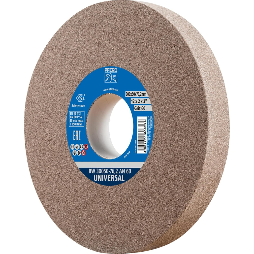 PFERD Vitrified Bench Grinding Wheel – Universal, 12' Diameter, 2' Thick, 3' Arbor, 60 Grit, Aluminum Oxide, for General Metalworking - Part 61781