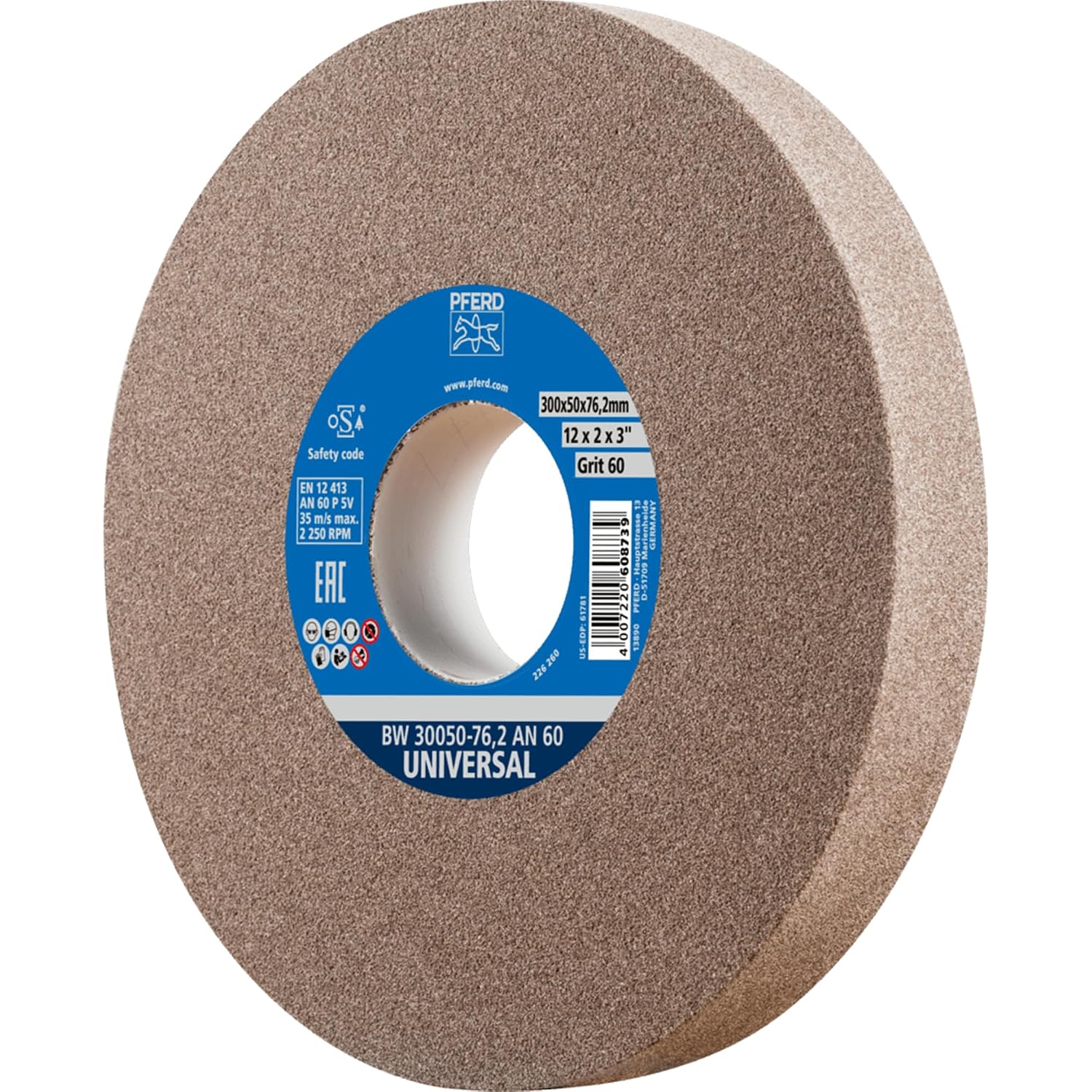 PFERD Vitrified Bench Grinding Wheel – Universal, 12' Diameter, 2' Thick, 3' Arbor, 60 Grit, Aluminum Oxide, for General Metalworking - Part 61781