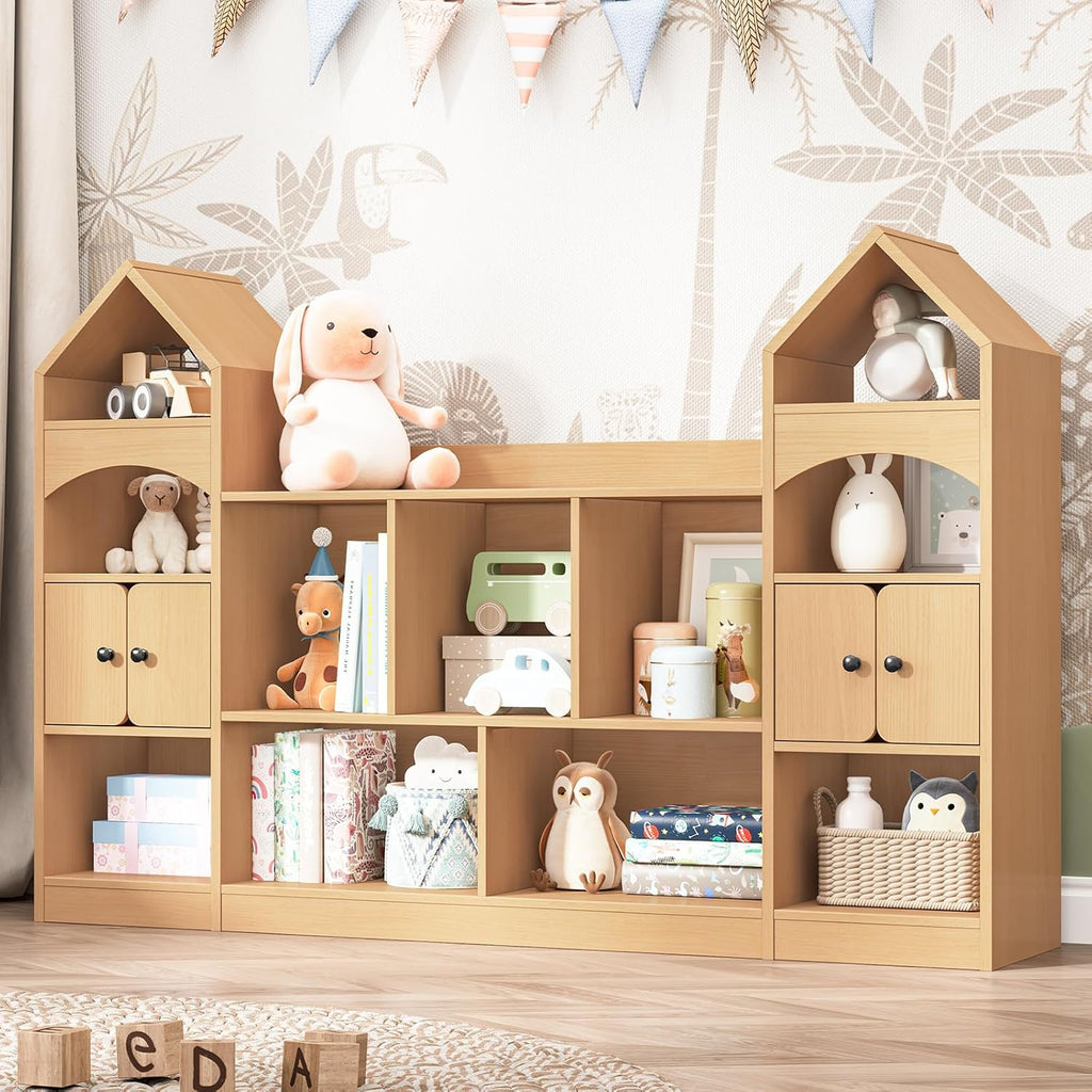 Halitaa Castle Shape Children's Bookshelf, Kids Bookcase Display Case Kids Toy Storage Organizer Multifunctional Storage Cabinet Bookshelf Suitable for Playroom, Children's Room, Living Room, Oak