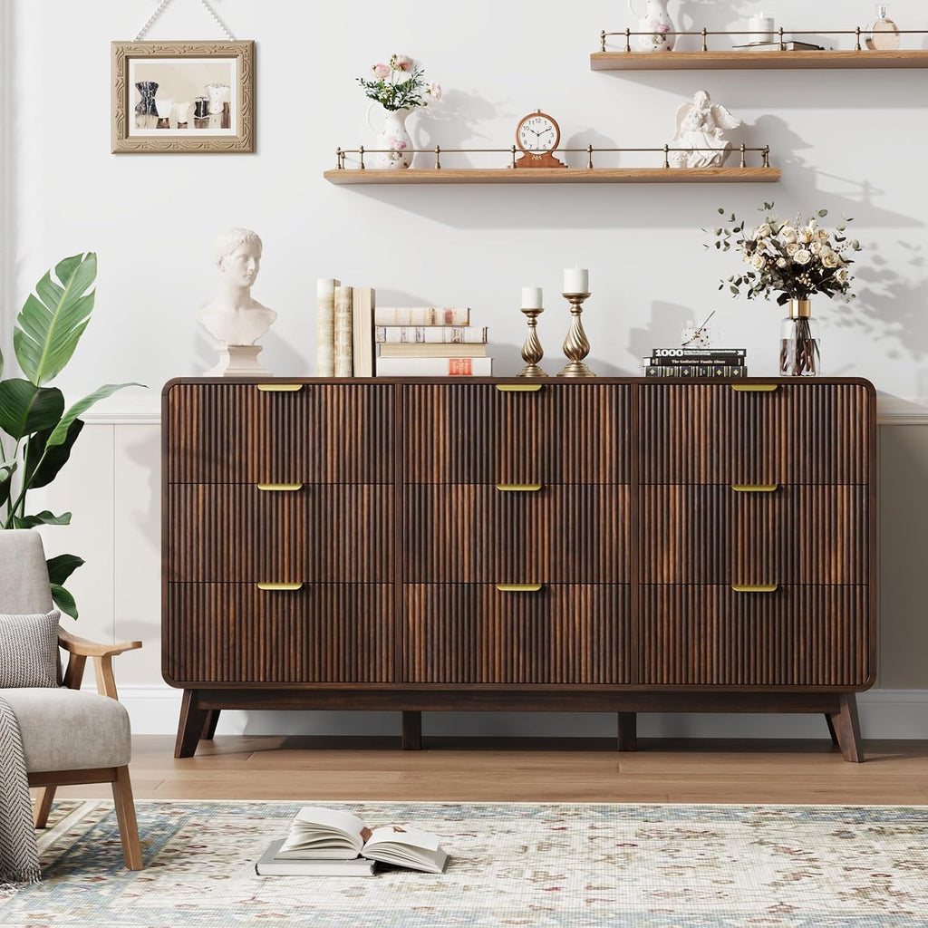 QUW Fluted 59.1' Wide Modern Dresser for Bedroom with 9 Drawers, Tall Chest of Drawers with Metal Handle, Wooden Dresser TV Stand, Hallway, Living Room, Dark Walnut