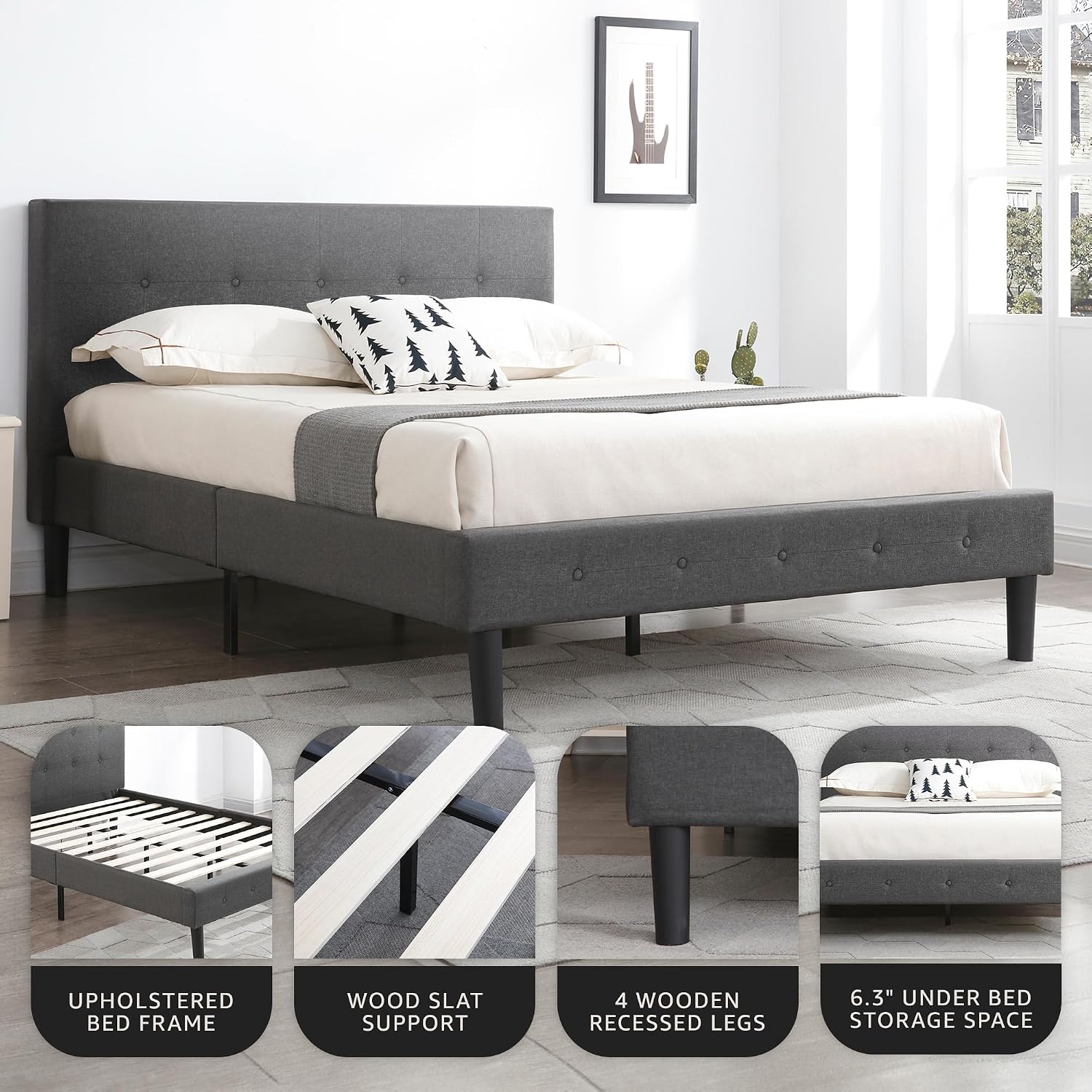 Decoro Cambridge Upholstered Wooden Platform Bed Frame, Queen Size, Dark Grey
