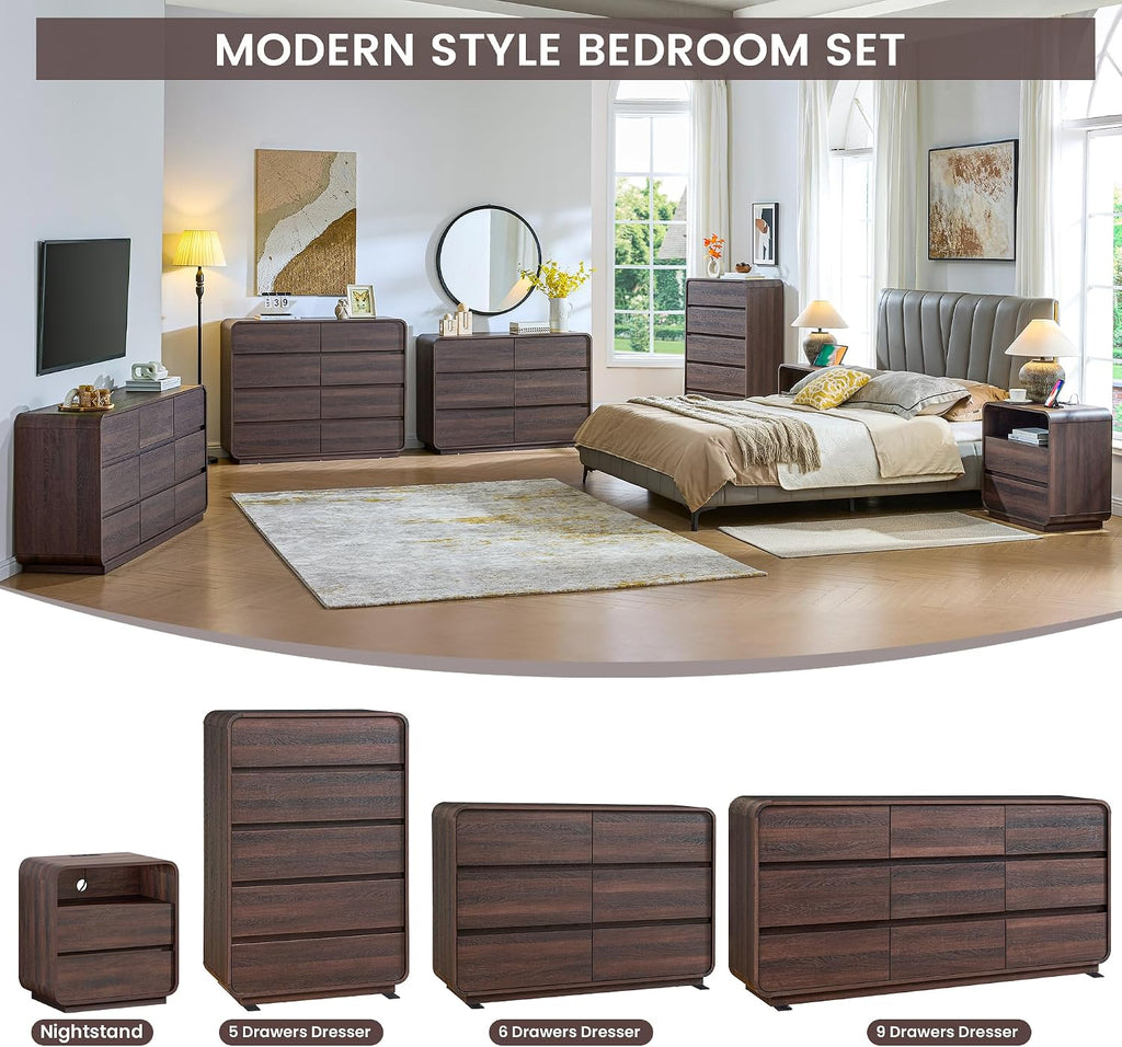 Standifurno 9 Drawer Double Dresser for Bedroom, Modern Curved Wood Chest Drawers of Handleless, Large Storage Dresser Bedroom, Living Room, Entryway, Walnut