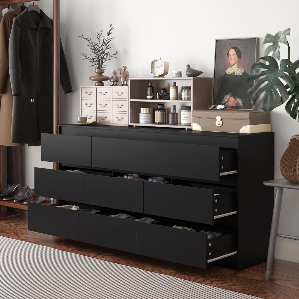9 Drawer Dresser for Bedroom with Deep Drawers, Large Floor Wood Dressers & Chest of Drawers Handle Free, Modern Black Long Dressers for Closet Living Room, Euro Slide (63'W x 15.7'D x 31.5'H)