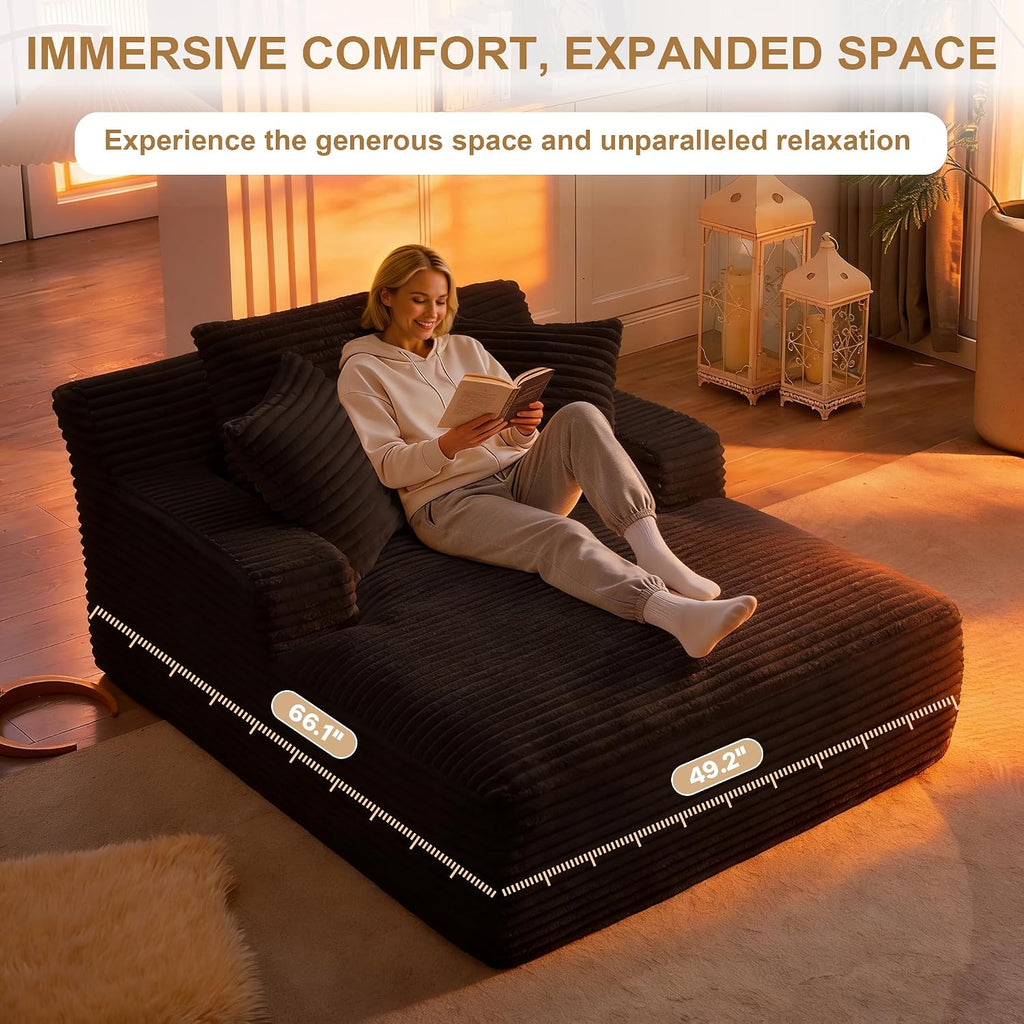 Oversized Chaise Lounge Chair Indoor, 66' Cloud Boneless Sleeper Couch Corduroy Upholstered Sofa Bed Deep Seat Comfy Reading Chair with 3 Pillows for Living Room Bedroom, Black
